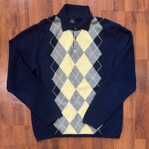 Joseph & Lyman 100% Cashmere Polo Sweater Navy Yellow Gray Argyle Men’s Size L